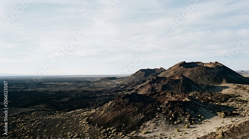 Volcanic cinder cones in a desolate desert landscape under pale sky