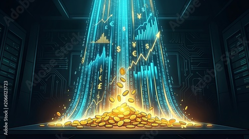Futuristic digital financial data stream rising from gold coins