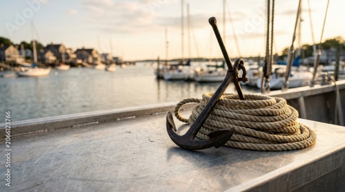 Coiled Rope and Anchor on Marina Dockside Scene.