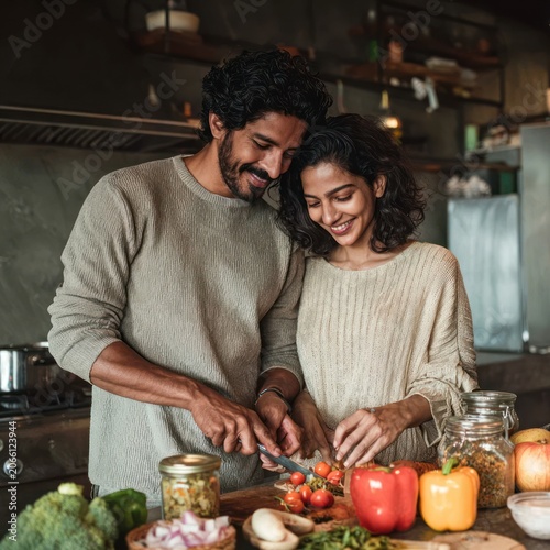 Happy Young Couple Preparing Fresh Vegetables in Modern Kitchen
