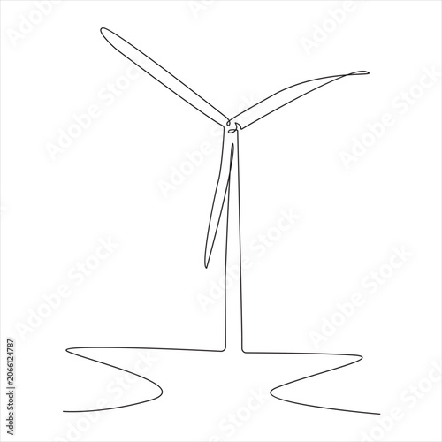 Minimalist continuous one-line art drawing of a wind turbine, flat design vector illustration.
