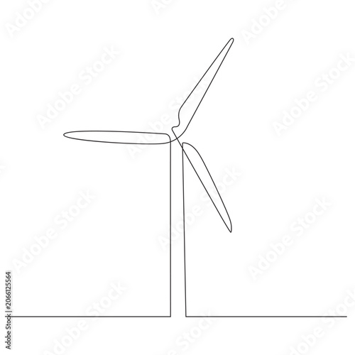 Minimalist continuous one-line art drawing of a wind turbine, flat design vector illustration.