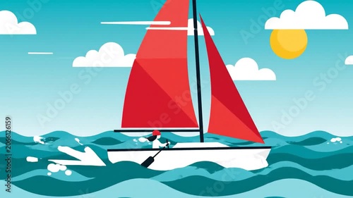 Red Sailboat Glides Across Blue Ocean Waves