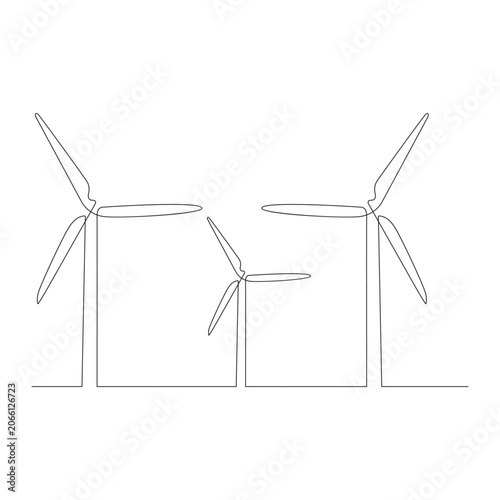 Minimalist continuous one-line art drawing of a wind turbine, flat design vector illustration.