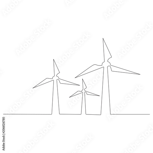 Minimalist continuous one-line art drawing of a wind turbine, flat design vector illustration.