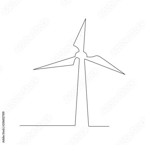 Minimalist continuous one-line art drawing of a wind turbine, flat design vector illustration.