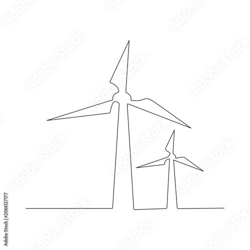 Minimalist continuous one-line art drawing of a wind turbine, flat design vector illustration.