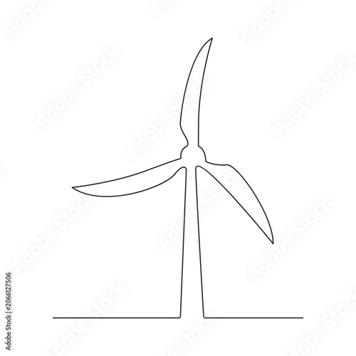Minimalist continuous one-line art drawing of a wind turbine, flat design vector illustration.