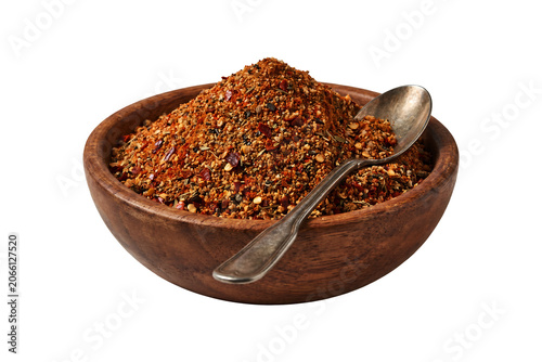 Dried Spice Mix in Wooden Bowl with Spoon, Culinary Ingredient
