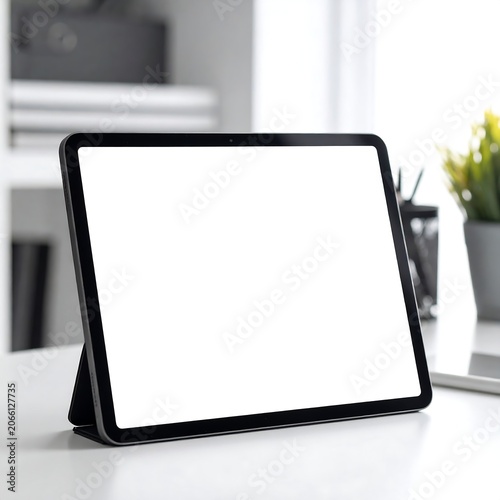 A blank white tablet screen on a stand on a white desk