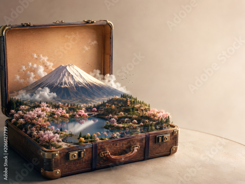 Mount Fuji Travel Diorama Inside Open Suitcase