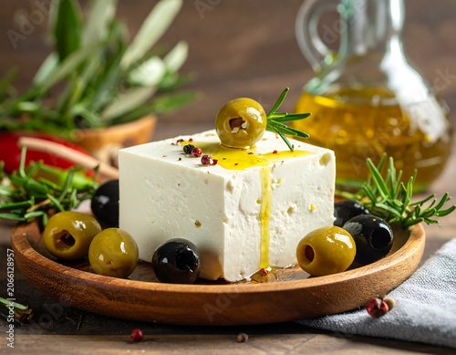 A block of white cheese on a wooden plate with olives and herbs