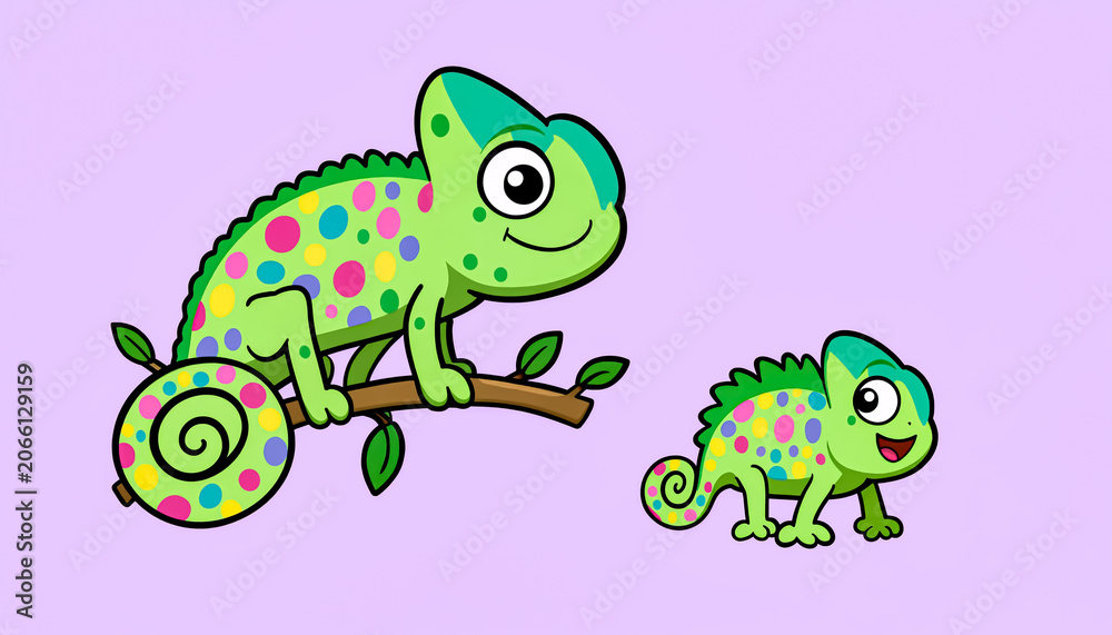 Naklejka premium Cute cartoon chameleons mother and baby on a branch