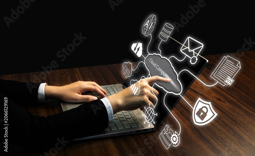 Εκτύπωση καμβά Business Person Using Laptop with Cloud Computing Network for Cloud Storage, Dat