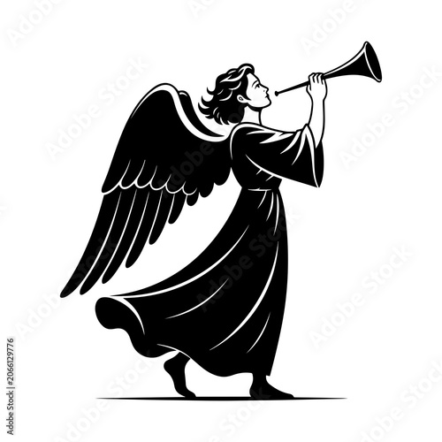 Fotografie Angel silhouette blowing trumpet in black and white