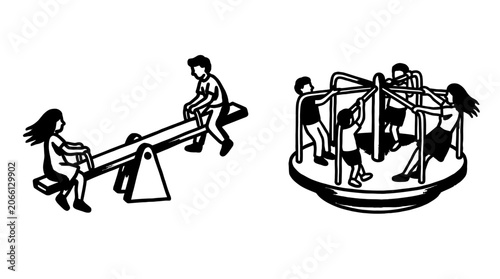 Children Playing on Seesaw and Merry-Go-Round