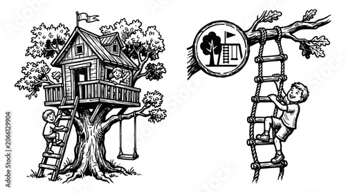 Children Climbing Rope Ladder to Wooden Treehouse Adventure