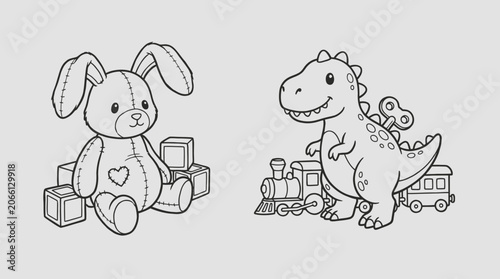 Cute Coloring Book Toys: Bunny, Dinosaur, Train, Blocks