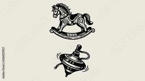 Rocking Horse and Spinning Top Vintage Toys Illustration