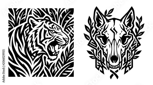 Tiger and Wolf Skull with Laurel Wreath, Black and White Graphic Art