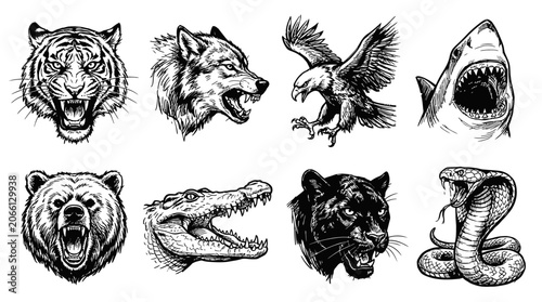 Wild Animal Heads Set: Tiger, Wolf, Eagle, Shark, Bear, Gator, Panther, Cobra