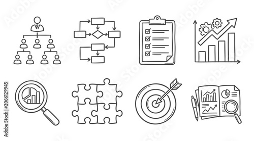 Business Icons Set: Organization, Workflow, Checklist, Growth, Strategy