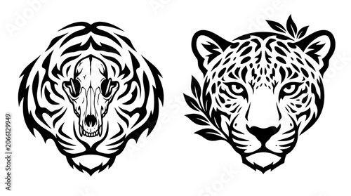 Tiger Skull vs Jaguar with Leaves Tribal Tattoo Style