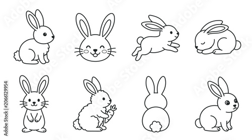 Cute Bunny Rabbit Illustrations - Set of 8 Cartoon Styles