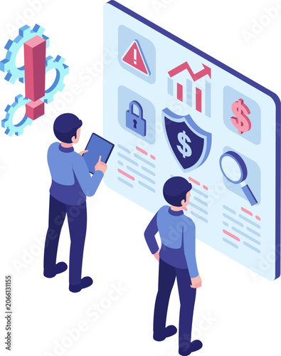 Isometric Business Team Analyzing Business Risk Dashboard