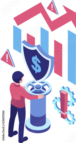 Isometric Businessman Managing Financial Risk With Dollar Shield
