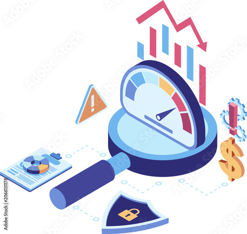 Isometric Financial Risk Analysis with Magnifying Glass and Declining Chart