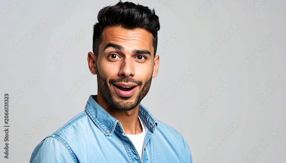 Obraz premium Surprised young man with an expressive face looking at the camera against a grey background showcasing authentic human emotions and reactions