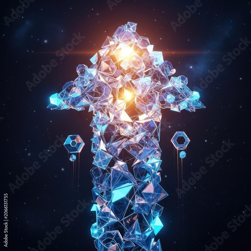 Abstract crystal arrow pointing upwards against dark background