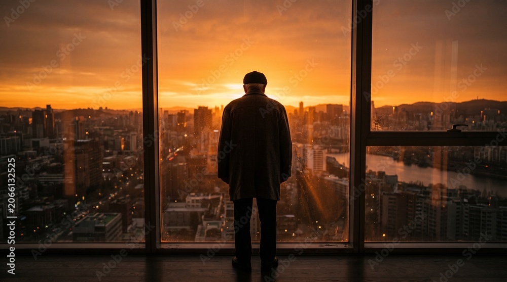 Fototapeta premium Candid silhouette of elderly person contemplating sunset from home window