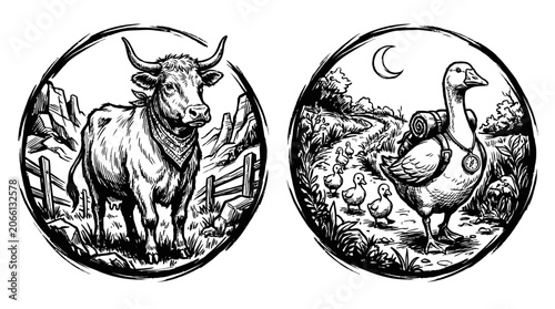 Cuadro en lienzo Farm animal illustrations: cow and goose with ducklings
