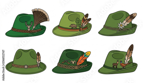 Traditional German Hunting Hat with Feather Vector Set Isolated on White Background