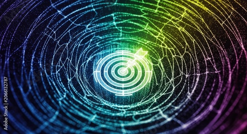 Abstract digital spiral with neon colors and intricate web like structures