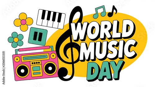 Happy World Music Day: A vibrant illustration celebrating World Music Day, featuring a retro boombox, piano keys, musical notes, and playful flowers.