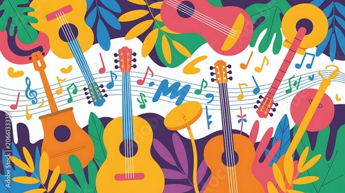 Vibrant Musical Collage: A colorful and lively illustration showcases a collection of various stringed instruments and musical notes, evoking the joy and energy of music.