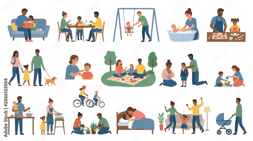 Fototapeta premium Diverse Family and Parenting Lifestyle Flat Vector Illustration Set: Daily Activities Care