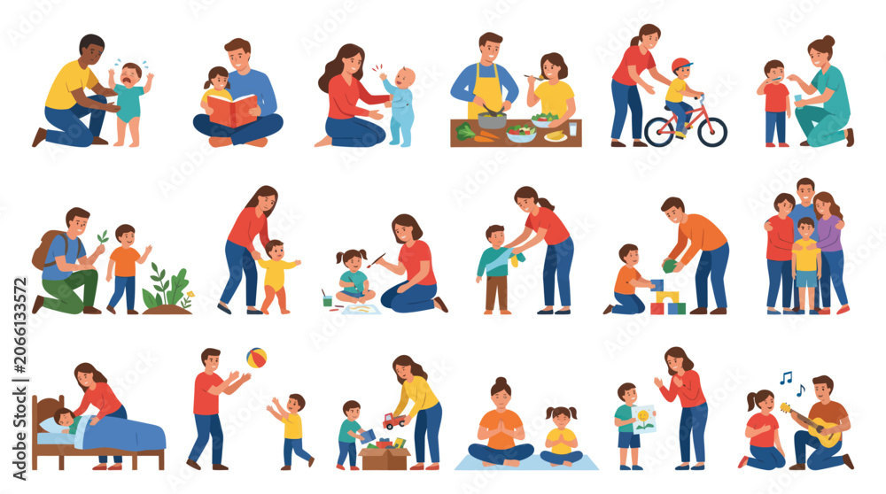 Fototapeta premium Parents and Children Flat Vector Illustration Set: Family Life, Parenting, Childcare, Education, Daily Activities