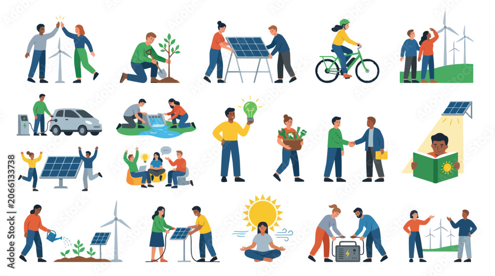 Fototapeta premium Diverse People Embrace Renewable Energy: Solar, Wind, Cycling, Green Living