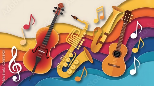 Vibrant Symphony of Instruments: A colorful and artistic arrangement featuring various musical instruments including a violin, saxophone, trumpet, and guitar, accompanied by musical notes.