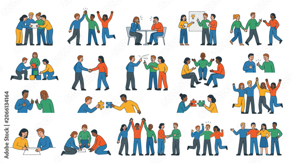 Fototapeta premium Diverse Teamwork and Business Collaboration Flat Vector Illustration Set for Problem Solving and Communication
