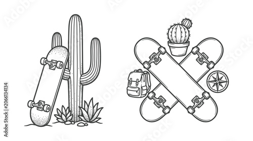 Konstfotografi Skateboarding Desert Adventure: Cactus, Skateboard, Backpack, Compass