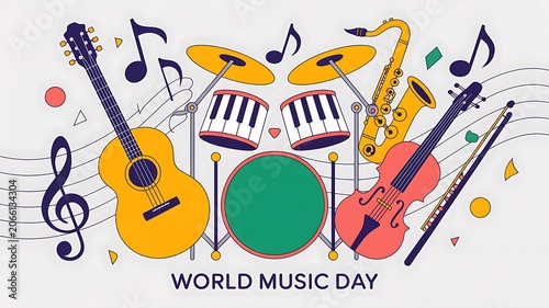 Vibrant Symphony of World Music Day: A lively illustration showcasing a diverse ensemble of musical instruments including guitar, drums, saxophone, and violin.