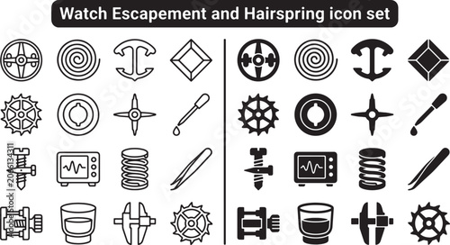 Watchmaking escapement and hairspring icon set featuring mechanical clockwork components and precision repair tools in vector format