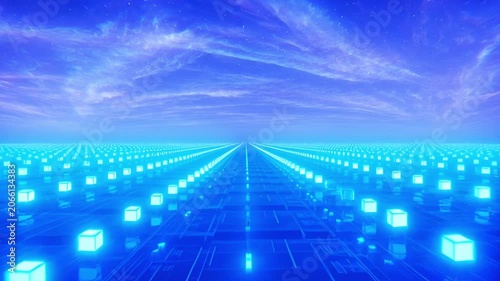 Abstract blue perspective with blurred lights digital art background