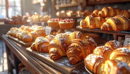 A bakery display case filled with golden-brown croissants and pastries