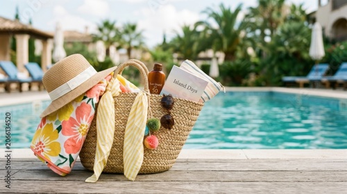 Summer Vacation Poolside Accessories with Sun Hat and Bags.